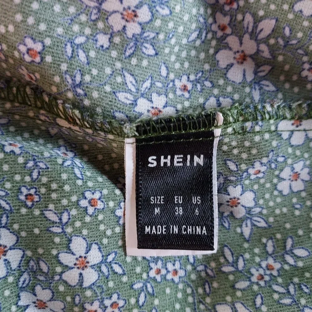 Shein Wrap Dress Size 6 Ruffle Flowy Short Sleeves Green White Floral Retro